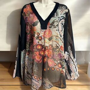 Twenty Twenty Semi-Sheer Floral Faux Suede V-Neck Long Sleeve Blouse